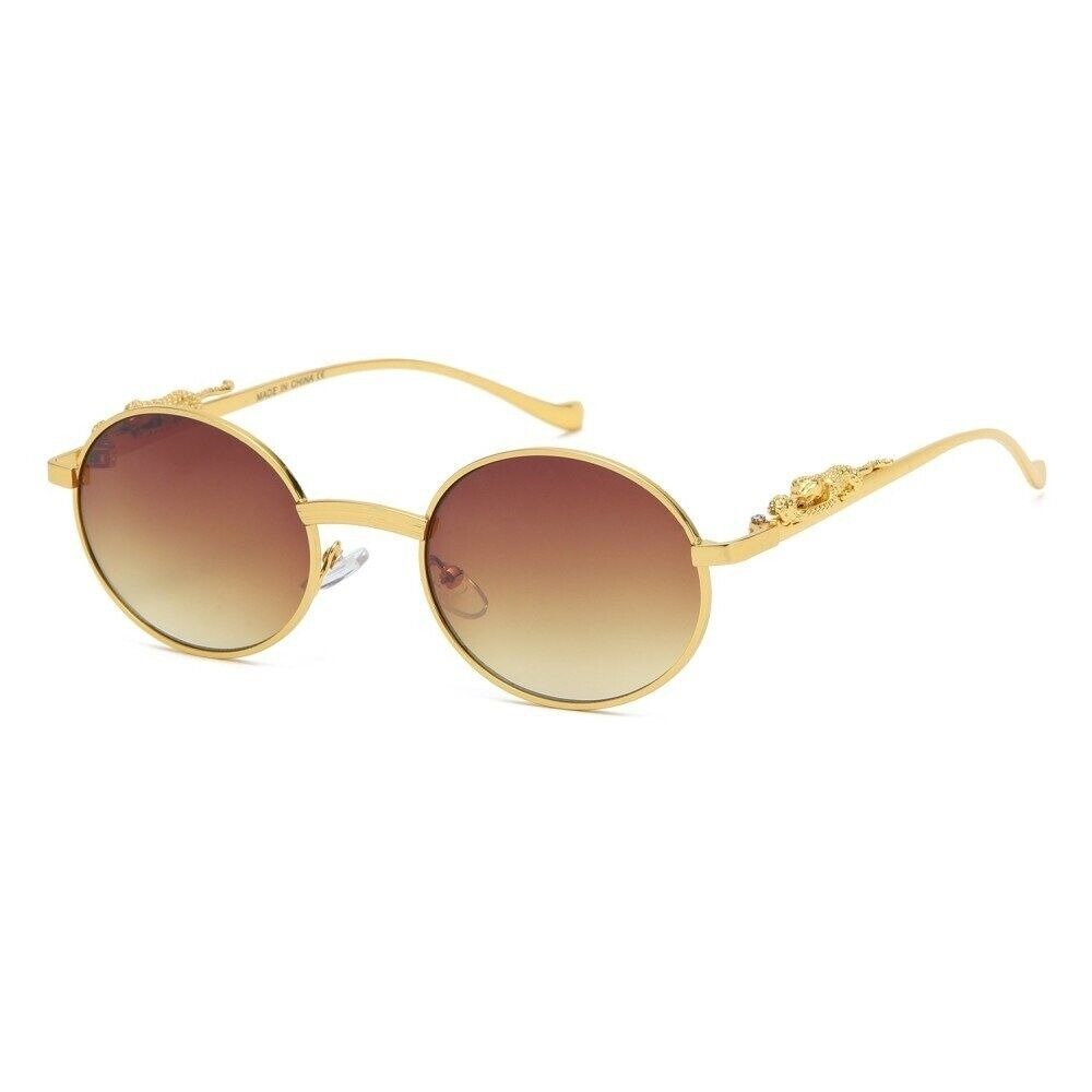Round Sunglasses Gold Frame Leopard Accents Brown Lens Men's Fashion Hip Hop New